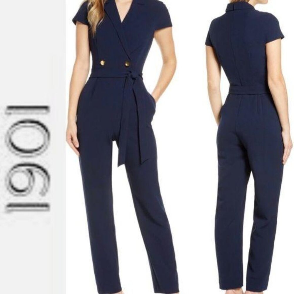 Navy Belted Short Sleeve Jumpsuit Sz 14 With Lapel Collar & Gold Buttons By 1901